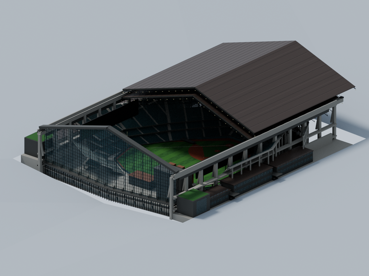AstraとBlenderで制作したエスコンフィールドの3Dモデル。開いた屋根、ガラス張りの外壁、内部のグラウンドを斜め上から見たところ。
